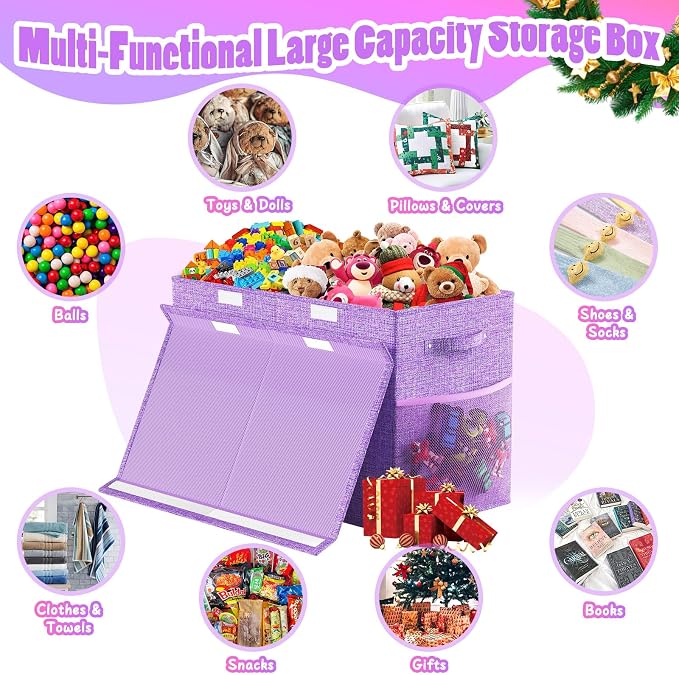 Large Toy Storage Box with Lid, Dividers, Collapsible Kids Toy Chest Purple | Toy Box for Boys, Girls, Nursery, Bedroom, Living Room, Playroom, 25 x 13 x 16 inches