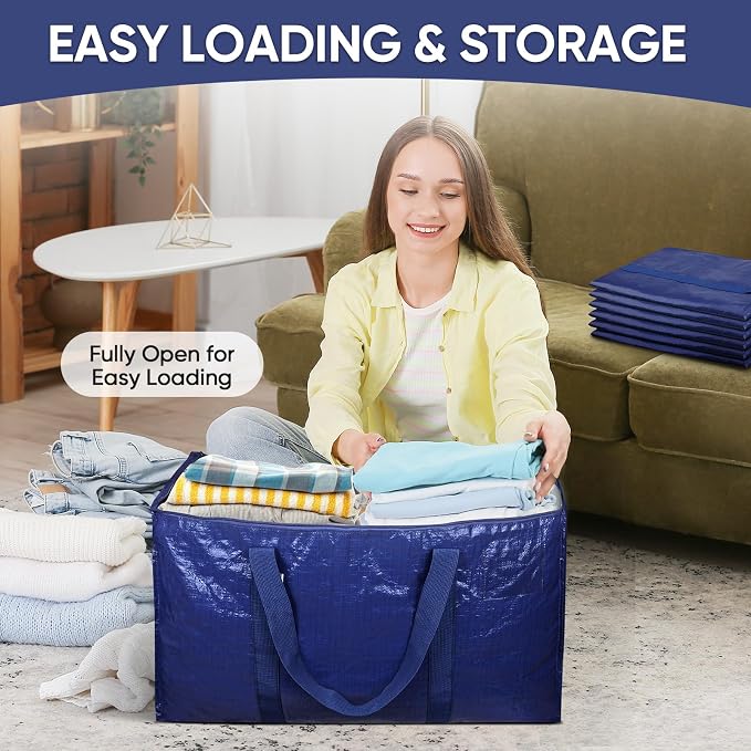 TICONN 2 Pack Extra Large Moving Bags Heavy Duty with Zippers & Carrying Handles, Durable Storage Bags Moving Boxes for Closet Organizers and Storage (2 Pack, Navy)