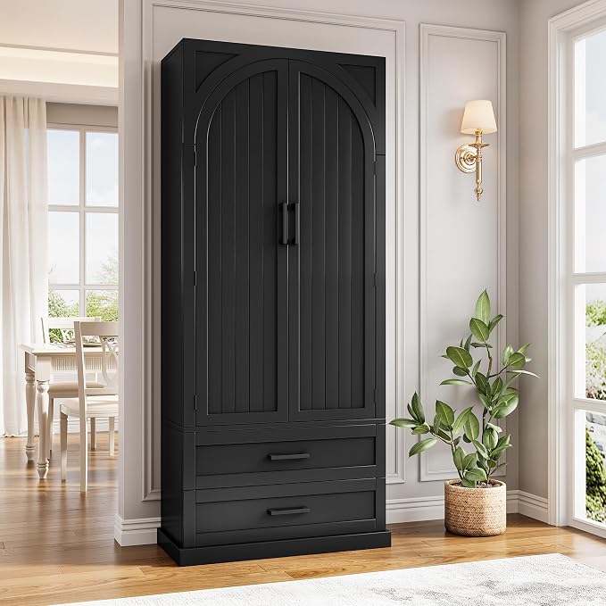 iPormis 71" Tall Kitchen Pantry Storage Cabinet w/Door and Adjustable Shelf & Large Drawers, Freestanding Kitchen Cupboard for Dining Room/Living Room, Black