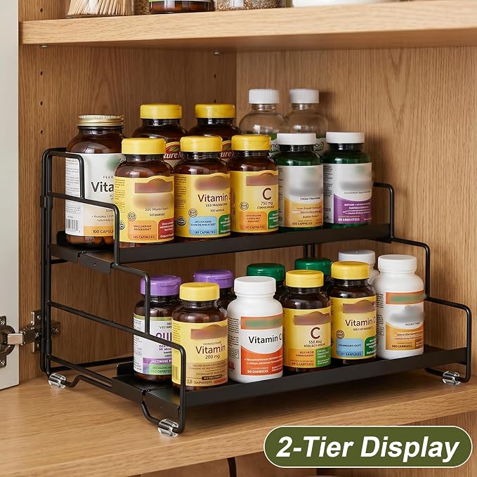 4 Tier Adjustable Spice Rack Organizer for Cabinet & Countertop | Adjustable-Depth Shelves, Tiered Visible Display, Raised Edge Guard, Vertical Space Saver, Metal Construction, Black