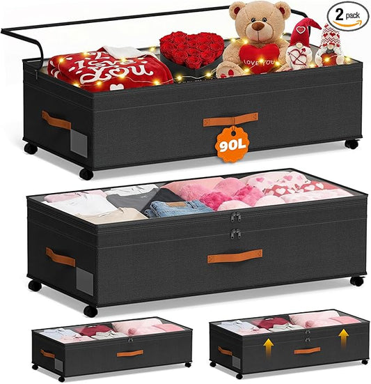 Under Bed Storage with Wheels, 35.5 inches Underbed Storage Large Capacity Under Bed Rolling Containers, 2 Pack Under the Bed Storage for Clothes, Shoes, Blankets (Deep Black)