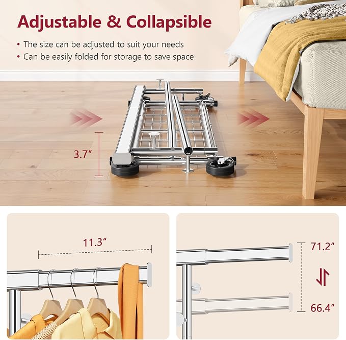 Clothes Rack with Shelf Load 350 LBS, Plating Chrome | Heavy Duty Collapsible Clothing Rack for Hanging Clothes, Extendable & Adjustable, Garment Rack with Wheels for Bedroom