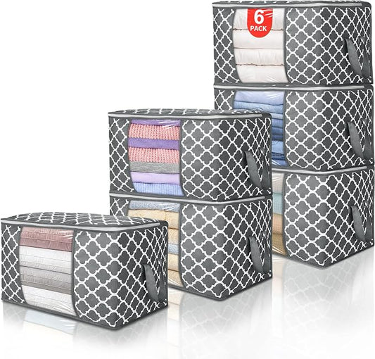 90L Large Storage Bags, 6 Pack Clothes Storage Bins Closet Organizers | Foldable Storage Containers, with Reinforced Handle, for Clothing, Blanket, Comforters, Bed Sheets, Pillows and Toys,Pattern