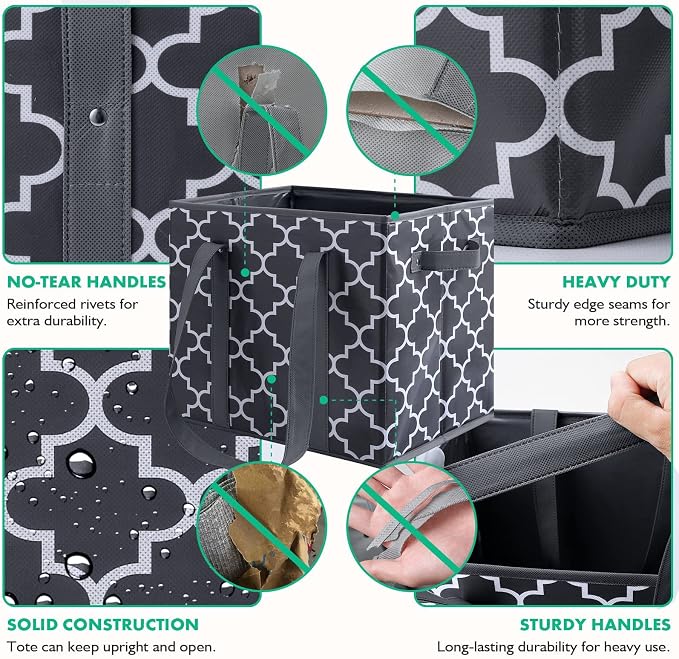 WISELIFE Reusable Grocery Bags 2-Pack Foldable Washable Large Storage Bins Basket Water Resistant Shopping Tote Bag Dark Grey