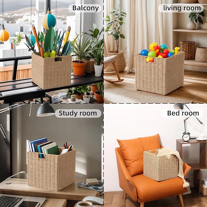 Set of 2 Hand-Woven Paper Rope Wicker Baskets, Storage Basket, Foldable Cube Storage Bins, Natural Color Storage Cubes, Square Baskets for Organizing Shelves Decor, 12x12x12in