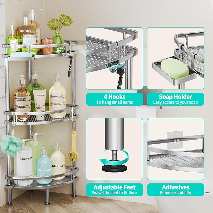 HapiRm Standing Corner Shower Caddy - 3 Tier Shower Organizer Corner with Soap Holder and 4 Hooks, Rustproof Bathroom Storage Shelves with Adhesives, Silver
