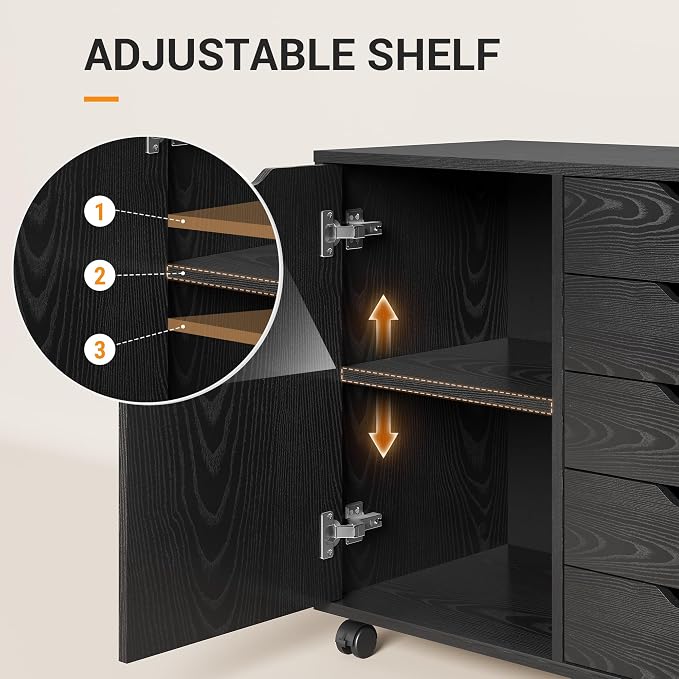 DEVAISE 5-Drawer Wood Drawer Cabinet, Office Storage Cabinet, Black | Craft Storage Cabinet, Under Desk Drawer, Rolling Cart Furniture, Adjustable Shelf & Wheels, Printer Stand, Home Office