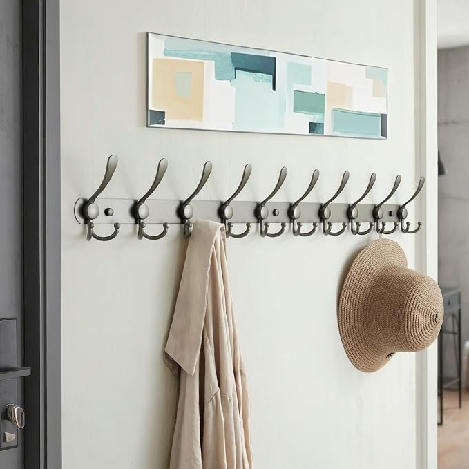 Dseap Coat Rack Wall Mount - 38” Long 10-Tri-Hooks Heavy Duty Coat Hanger Rail Wall Hooks for Hanging Coats Hats Clothing Clothes Purse Mudroom Entryway, Gray