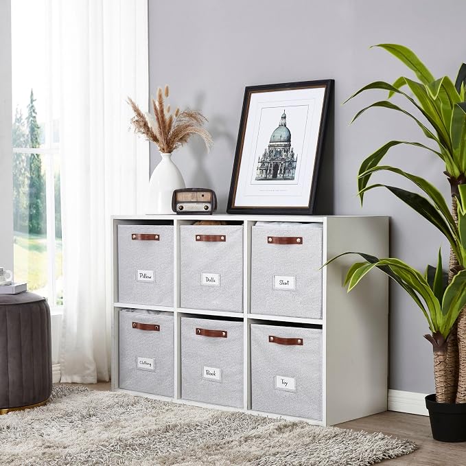 DECOMOMO Storage Bins, Storage Baskets for Shelves | 13" x 15" x 13" Storage Cube Bins with Labels for Organizing Shelves (Kallax, 4pcs, Light Texture Grey)