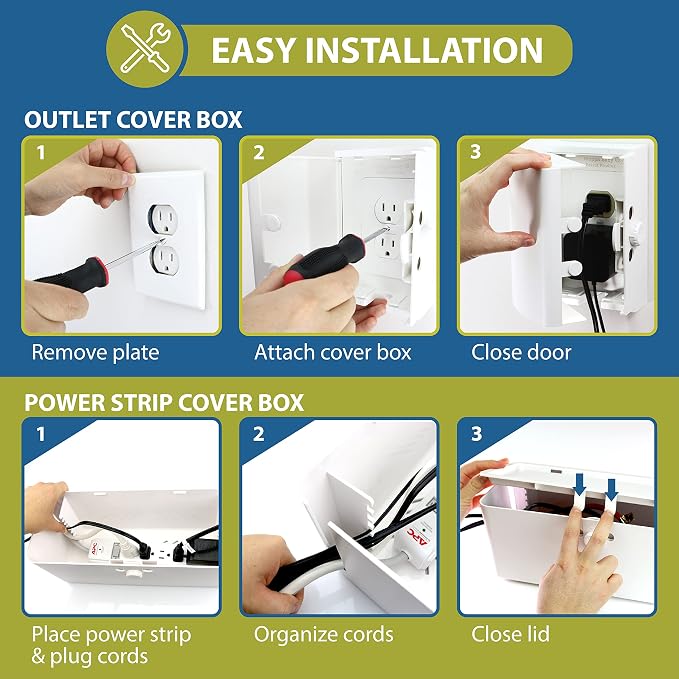 Power Strip Cover and Outlet Cover Box - Effectively Baby Proofs Power Strip on Floor or Wall, Protects Small Hands & Fingers, Cover Box and Outlet Cover Box (White-Bundle)