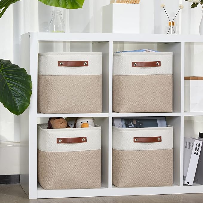 DULLEMELO 11 inch Cube Storage Bins, Large Collapsible Grey Storage Baskets for Square Cubes Organizing, Fabric Boxes Bins for Shelves Nursery Home Office Storage(4 Pack - 11" White&Khaki)