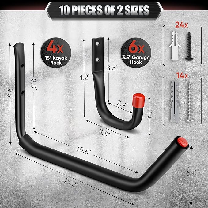 Nacial 10 Pack Garage Hooks Heavy Duty, 15" & 3.5" Kayak Storage Hooks with EVA Pads, 100LBS Capacity Large Garage Hooks for Hanging Bikes, Kayak Folding Chairs and Hanging Ladders