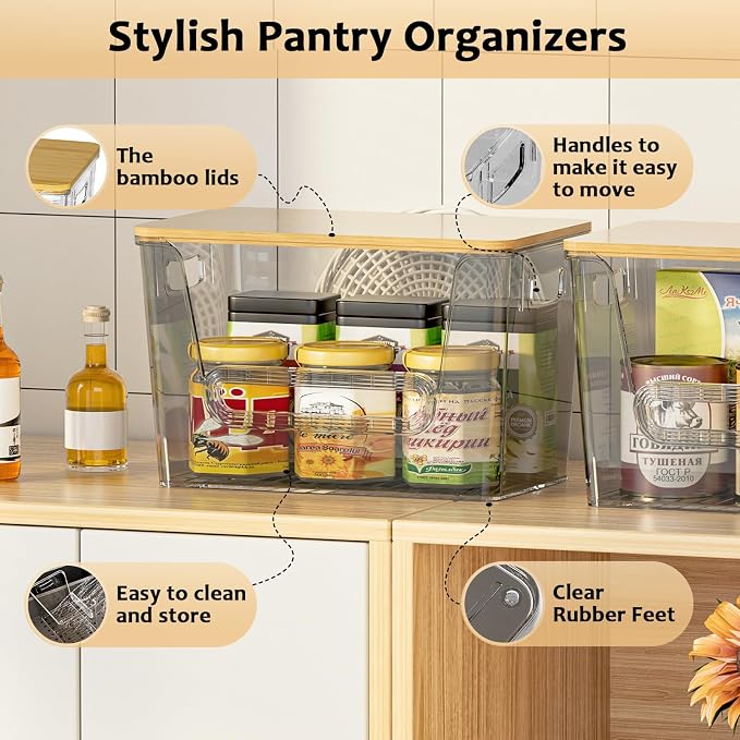 Delamu 2 Set Pantry Organizers and Storage,Trash Bag Dispenser with Bamboo Top,Stackable Trash Bag Dispenser Under Sink Organizer for 4-30 GalBags,Onion,Potato,Fruits,Gray(11.22" L*7" W*7.12" H)