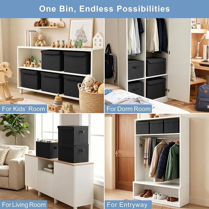 Bagnizer Large 17" 42 Quarts Collapsible Stackable Storage Bins with Lids [3-Pack] Foldable Fabric Linen Storage Boxes Cube, Closet Organizer Baskets with Label (16.7 x 12 x 12, Black)
