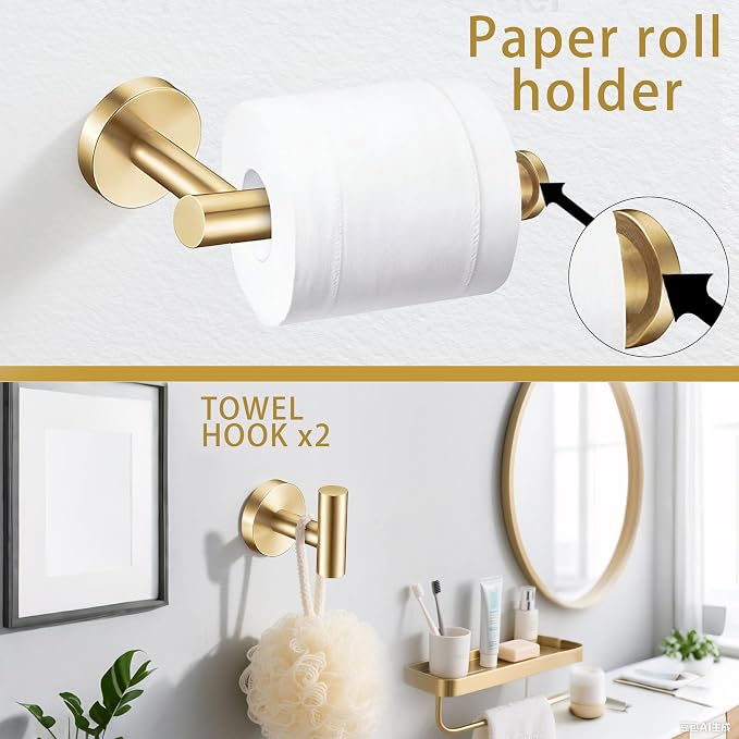 5 Pieces Brushed Gold Bathroom Hardware Accessories Set, SUS304 Stainless Steel 24 Inch Bath Towel Bar Set, Round Bathroom Towel Holder Set, Towel Racks for Bathroom Wall Mounted