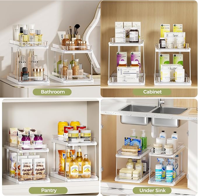 Delamu 2-Tier Bathroom Under Sink Organizers and Storage, Pull Out Cabinet Drawers with Anti-Slip Design, Multi-Purpose Storage for Kitchen, Pantry, Bathroom & Home Organization, White, 2 Pack