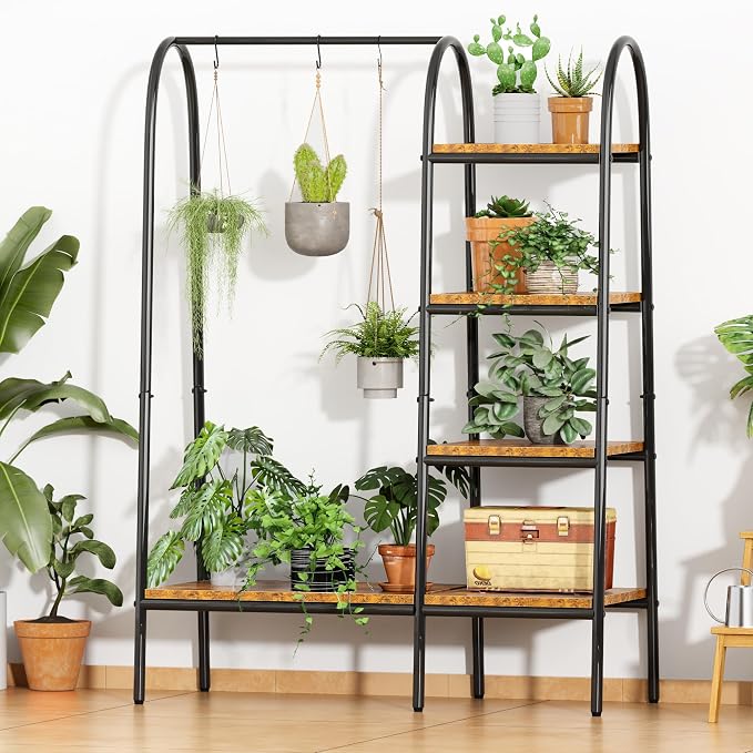 soges Clothes Rack, Garment Rack with 5 Shelves Hanging Bar, Rustic Brown | Open Wardrobe for Hanging Clothes and Storage, Free Standing Closet Organizer, Clothing Rack for Bedroom Entryway Small Space