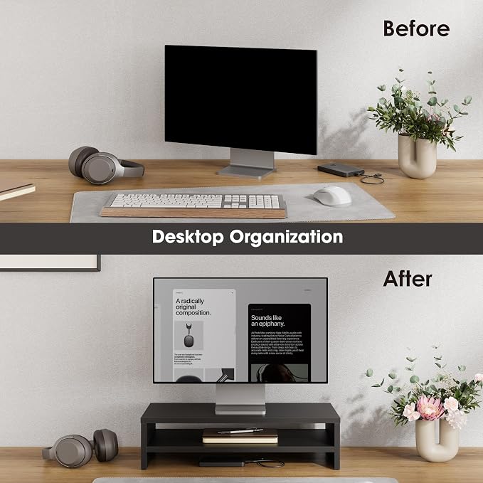 FITUEYES Wooden Monitor Stand Riser, 2-Tier Desk Storage Shelf, Black | 21.3-Inch Desktop Organizer Fits Laptop, Computer Screen and Office Supplies