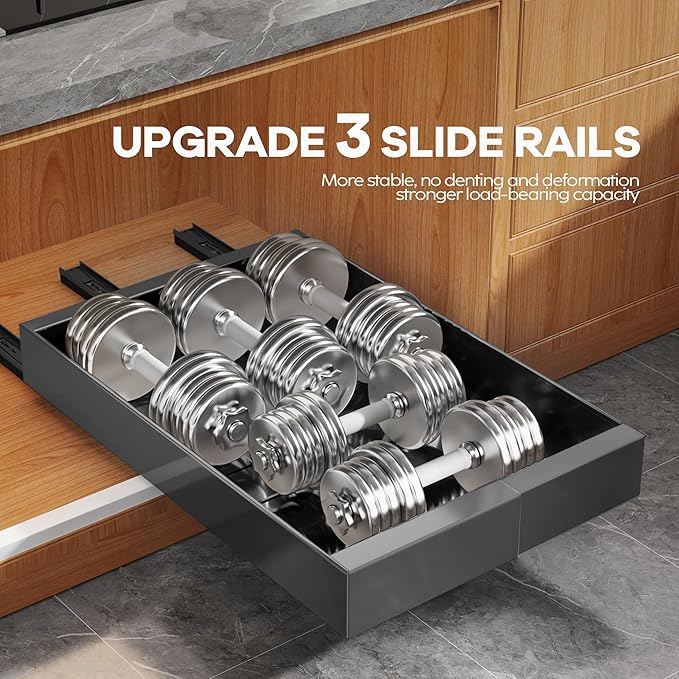 Seinloes 2 Pack Expandable Pull Out Cabinet Organizer 21" Deep with Raising Pad for Framed Cabinets,Upgrade 3 Slide Rails Slide Out Drawers,Roll Out Shelves Adhesive,Adjustable Width 9"-14.1" Black