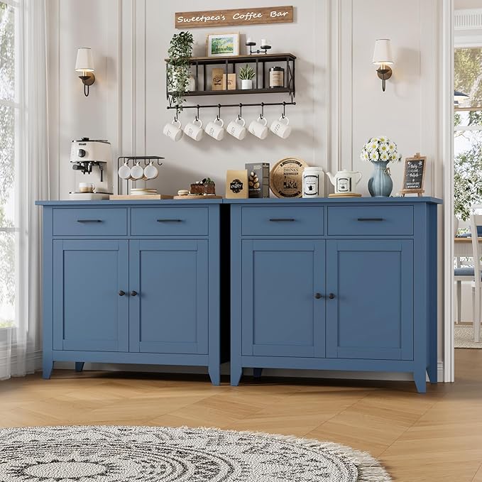 HORSTORS Farmhouse Kitchen Storage Cabinet, Small Buffet, Coffee Bar, Blue | Buffet Sideboard with 2 Drawers & 2 Doors, 35.8"W Coffee Table, Sapce-saving Kitchen Cabinet for Dining Living Room, Entryway