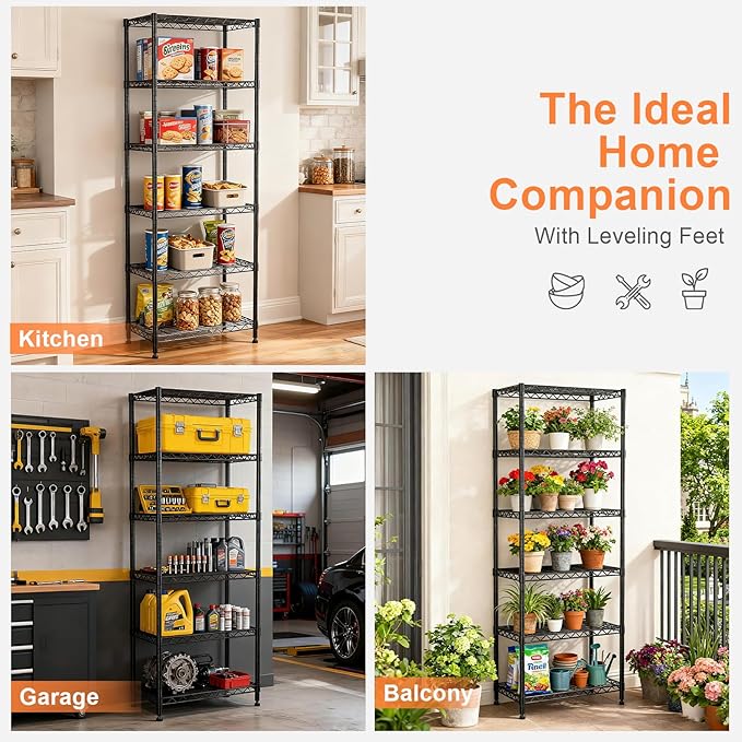 6-Tier Wire Rack Shelving,Metal Shelf Racks with Lockable Wheels, Black | 21.3" Wx11.4 Dx73 H,Height Adjustable Wire Storage Shelves for Narrow Space/Kitchen/Pantry/Laundry/Office/Closet