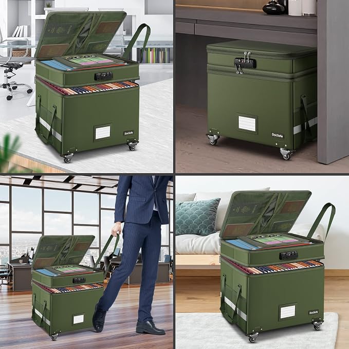DocSafe File Box with Lock,2-Layer Fireproof Document Box with Wheels,Collapsible Rolling File Storage Organizer with Pockets,Large Portable Home Office Filing Cabinet Safe for Hanging Folders,Green
