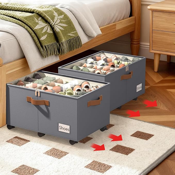 Foyego 2 Pack Shoe Organizer for Closet, Shoe Storage with Wheels, Gray | Fits 48 Pairs, with Adjustable Dividers and Clear Cover, Saving Space Foldable Fabric Closet Shoe Storage Organizer Box Bins