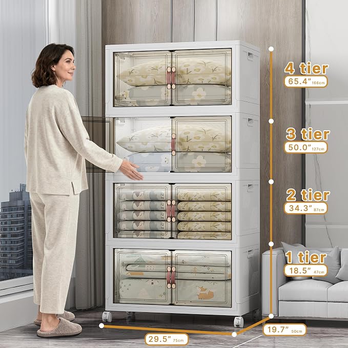 UAMFURI Stackable Storage Bins, 1440QT Collapsible Drawers with 2 Lids | Large Capacity, Magnetic Door, Stack Lock, Rolling Wheels, Foldable Design, Organizers and Storage for Bedroom Dorm Garage