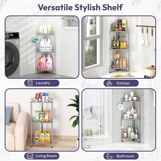 SWTYMIKI Standing Shower Caddy Corner - 3‑Tier Stainless Steel Shower Organizer Shelf with 12 Hooks and Adhesive Pads, Rustproof Corner Shelves Stand Rack for Bathroom Shower Room, Silver