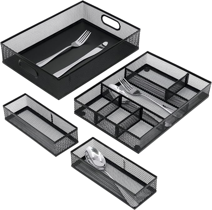 Neudeco Desk Drawer Organizer, 4 Pack Metal Mesh, Black | Adjustable Dividers, Stackable, Pen Organizer, Office Supplies Organizer