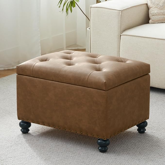 Zihanhome Leather Ottoman with Storage, Upholstered Button Tufted Ottoman Foot Rest, Foot Stools, 24" Rectangle Ottomans with Storage for Living Room, Bedroom, Dorms and Apartments (Caramel Brown-PU)