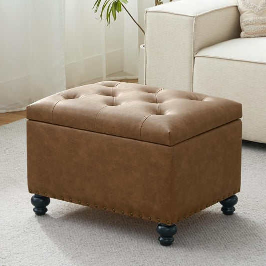 Zihanhome Leather Ottoman with Storage, Upholstered Button Tufted Ottoman Foot Rest, Foot Stools, 24" Rectangle Ottomans with Storage for Living Room, Bedroom, Dorms and Apartments (Caramel Brown-PU)