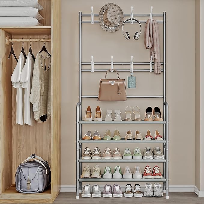 Coat Rack Shoe Rack With Storage Hooks Standing Organizer 4 Tier | Metal Freestanding Hall Tree for Clothes Hats bag Scarves Space Saving Design for Entryway Bedroom living Closet Office,Grey