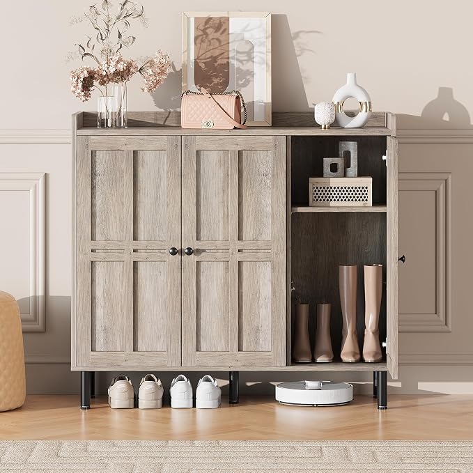 Shoe Storage Cabinet with 3 Doors, 8-Tier Shoe Cabinet with 5 Adjustable Shelves and Metal Legs, 40'' Tall Shoe Rack Organizer Cabinet for Entryway, Front Door, Gray Wash