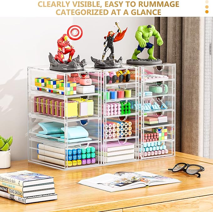 YFXCVSL 3-Pack Acrylic 15-Drawer Storage & Makeup Organizer for Desk | Smooth-glide drawers, clear acrylic, dustproof, waterproof, wipe-clean, for nail polish, essential oils, hair clips