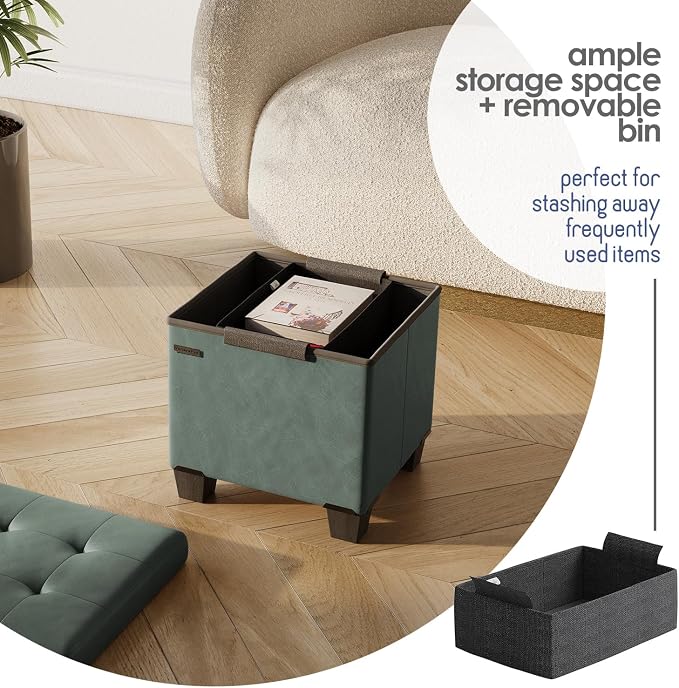 Storage Ottoman Cube with Small Bin, 15-in Square Ottoman with Storage for Living Room and Bedroom, Small Ottomans Foot Rest, Leather Foot Stools Ottomans Max 330lbs, Green