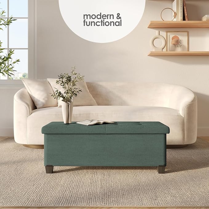 Storage Ottoman Bench with Bins, 43-in Storage Bench for Bedroom End of Bed, Folding Foot Rest Ottoman for Living Room Max 660lbs, Fabric Ottomans, Green