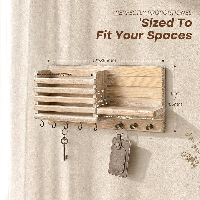 Rebee Vision Key Holder Wall Mount with Mail Slot for Room, Natural Wood | Key Holder for Wall, Pine Wood, 8 Key Hooks for Hats, Floating Shelf, Mail Sorter, Plant Display, Apartment Rustic Aesthetic