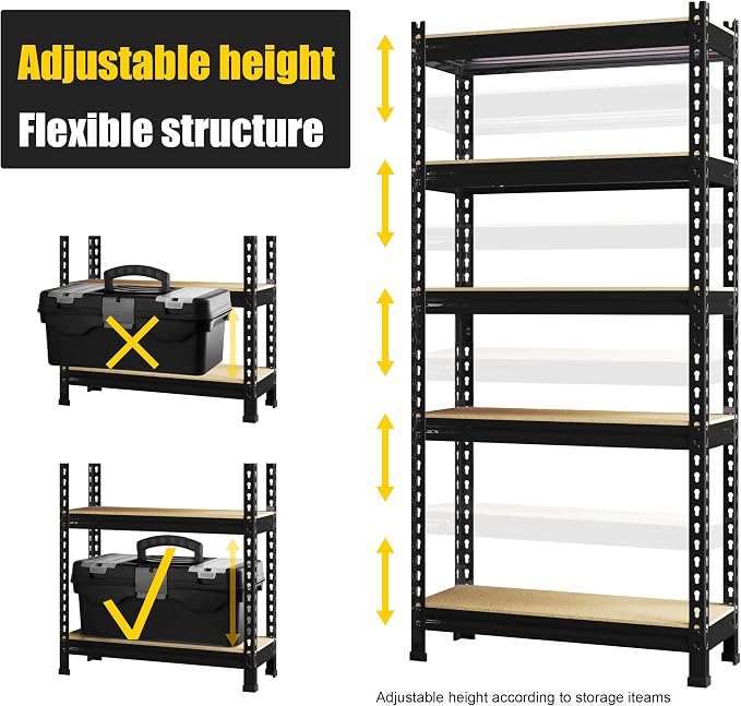 PrimeZone 5-Tier Garage Storage Shelves, Adjustable Metal Shelving, Black | Heavy-Duty Metal Frame & Connectors, FSC MDF Boards, Space-Saving Storage for Garage, Pantry, Closet, 28"W x 12"D x 59"H 3PCS