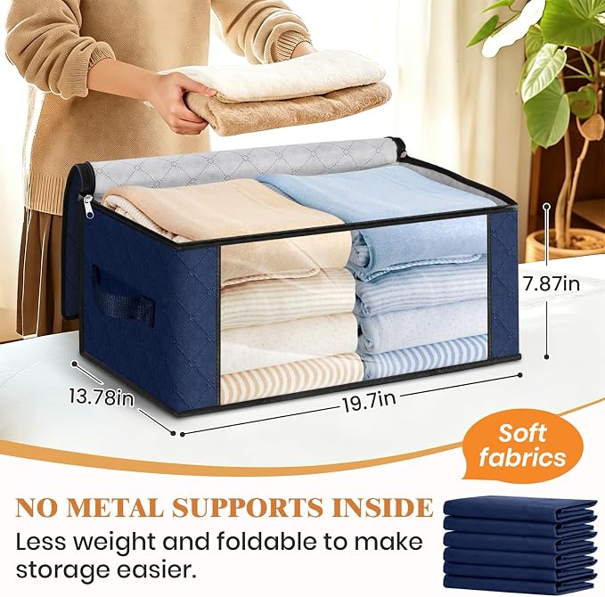 Fab totes 35L Closet Organizers and Storage, Foldable Under Bed Storage Containers, Storage bags for Organizing Bedroom, Closet, Clothing,Organization with Handle (3 Pack,Blue)