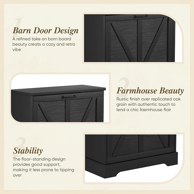 Semiocthome Farmhouse Shoe Storage Cabinet with 2 Flip Drawers, 23.6"(W) Freestanding Shoe Organizer with Barn Door and Metal Handles for Entryway, Corner Rustic Narrow Shoe Rack Cabinet - Black