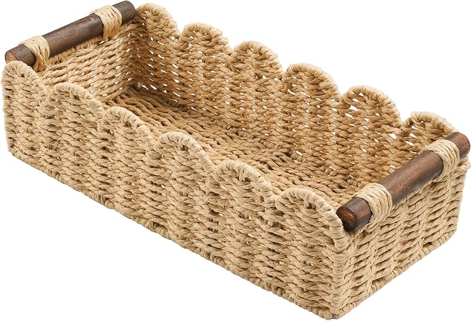 Bathroom Decor Basket for Toilet Paper Storage Baskets For Organizing | For Bedroom Living Room Kitchen Home Decor Scalloped Cute Basekt With Handle for Apartment Countertop,Beige