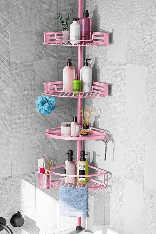 HAMITOR Corner Shower Caddy, 4 Tier Adjustable Bathroom Organizer - Pink | Corner Shower Caddy Tension Pole, No-Drill Setup, Rustproof Shelves Perfect for Bathrooms, Dorms & Apartments - 47-121in