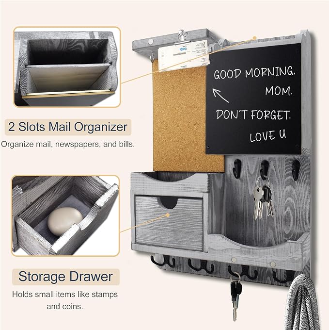Key Holder Wall Mount， Mail Organizer Key Holder for Wall with Shelf, Drawer, Chalkboard, Corkboard, Home Decor Wall Mounted for Room Entryway(Grey)