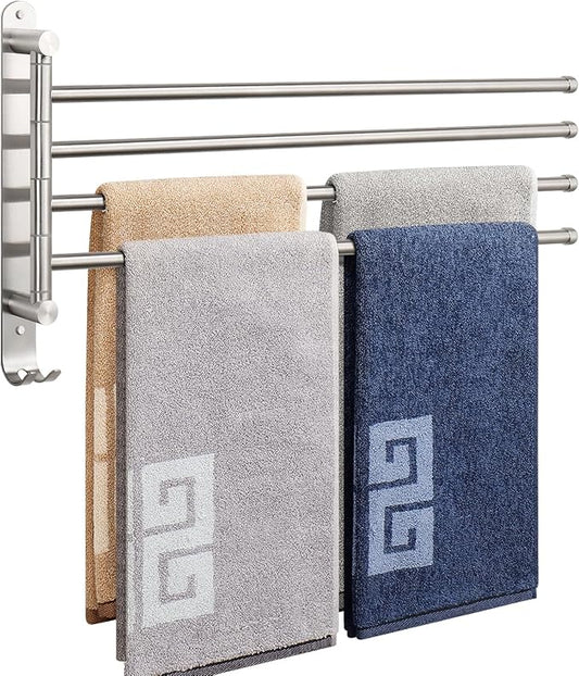 NearMoon Swivel Towel Rack, 19.5" Thicken 304 Stainless Steel 4-Arm Towel Bar, Space Saving Wall Mounted Towel Holder with Hook, Rustproof Swing Out Towel Hanger for Bathroom, Kitchen (Brushed Nickel)