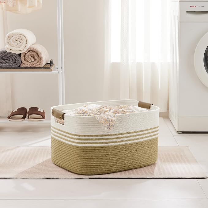 60L Woven Laundry Basket Hamper with Leather Handles,Khaki | collapsible wicker hamper, storage for dirty clothes, toys, blankets, gifts, living room, bedroom, bathroom, 21"x15"x11"