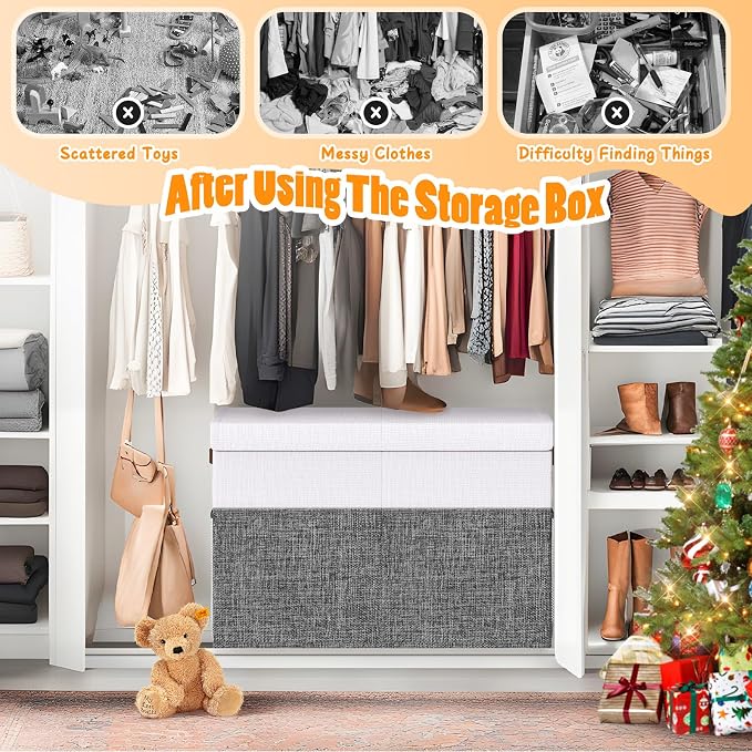 Large Toy Storage Box with Lid & Dividers, Kids Toy Chest, Gray and White | Toy Box for Boys, Girls, Nursery, Bedroom, Living Room, Playroom, 25 x 13 x 16 inches