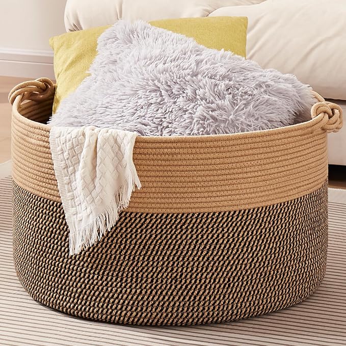 OIASKET Large Blanket Storage Basket for Living Room, 22.8" x 22.8" x 13" Woven Cotton Rope Basket with Handles, Baby Toy Storage, Laundry Hamper for Clothes, Pillows, Towels-Brown and Black
