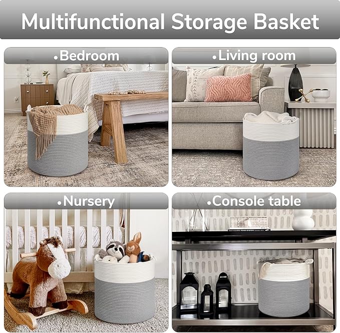 Goodpick Woven Rope Blanket Basket Living Room, 40L, Grey | Small Laundry Basket for Organizing Baby Clothes, Blankets & Pillows, Great for Bedroom Nursery Home Décor