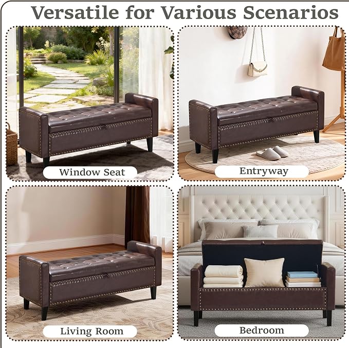 47'' Leather Storage Ottoman Bench, End of Bed Storage Bench with Wooden Legs, Upholstered Tufted Ottoman with Storage for Bedroom, Living Room, Entryway, Dark Brown